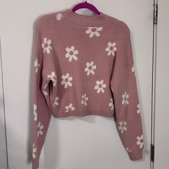 Hollister pink white cropped sweater turtleneck flowers floral blue size M - Picture 2 of 3
